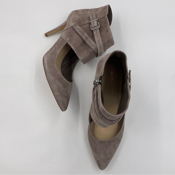 BCBGeneration Shoes - BCBGeneration Suede Zip Ankle Bootie Heels Cut Out Buckle Strap Taupe Warm Grey